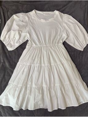 vestique White Puff-Sleeve Tiered Midi Dress with pockets, graduation dress